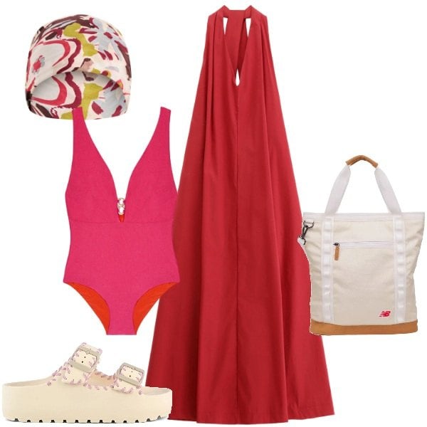 Outfit donna - Colore corallo, energia d\'estate. Stile Vintage retrò per Mare. Abbinamento con shopping bag, sciarpe, vestiti, costumi interi, ciabatte.