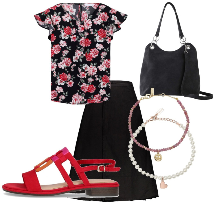 Outfit donna - Blusa a fiori. Stile Casual chic per Serata fuori. Abbinamento con borse a mano, bluse, braccialetti, braccialetti, sandali, gonne lunghe.