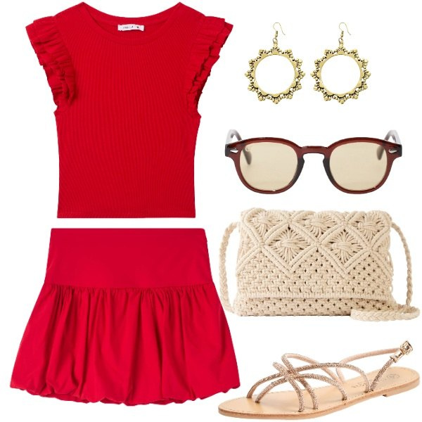 Outfit donna - Colore corallo, energia d\'estate. Stile Basic per Mare. Abbinamento con borse a tracolla, sandali, t-shirt, minigonne, occhiali da sole, orecchini.