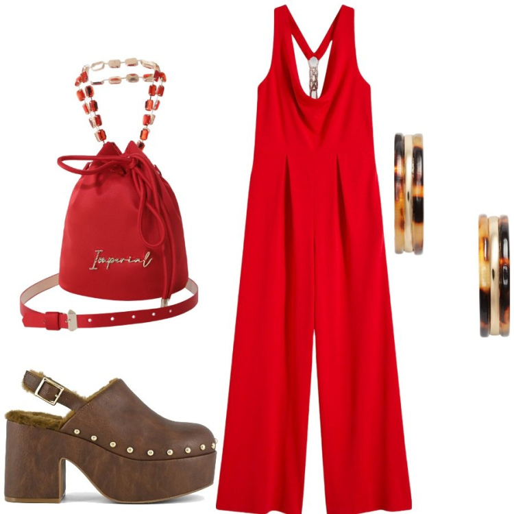 Outfit donna - Corallo. Stile Minimal per Serata fuori. Abbinamento con tute, borse a secchiello, orecchini, sabot.