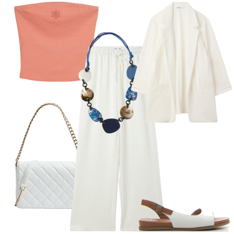 Outfit donna - Off shoulder - Curvy. Stile Casual chic per Tutti i giorni. Abbinamento con top, pantaloni, borse a tracolla, blazer, sandali, collane.