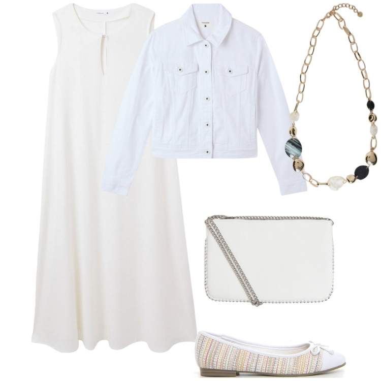 Outfit donna - Bianco curvy power. Stile Casual chic per Tutti i giorni. Abbinamento con vestiti lunghi, borse a tracolla, blazer, collane, ballerine.