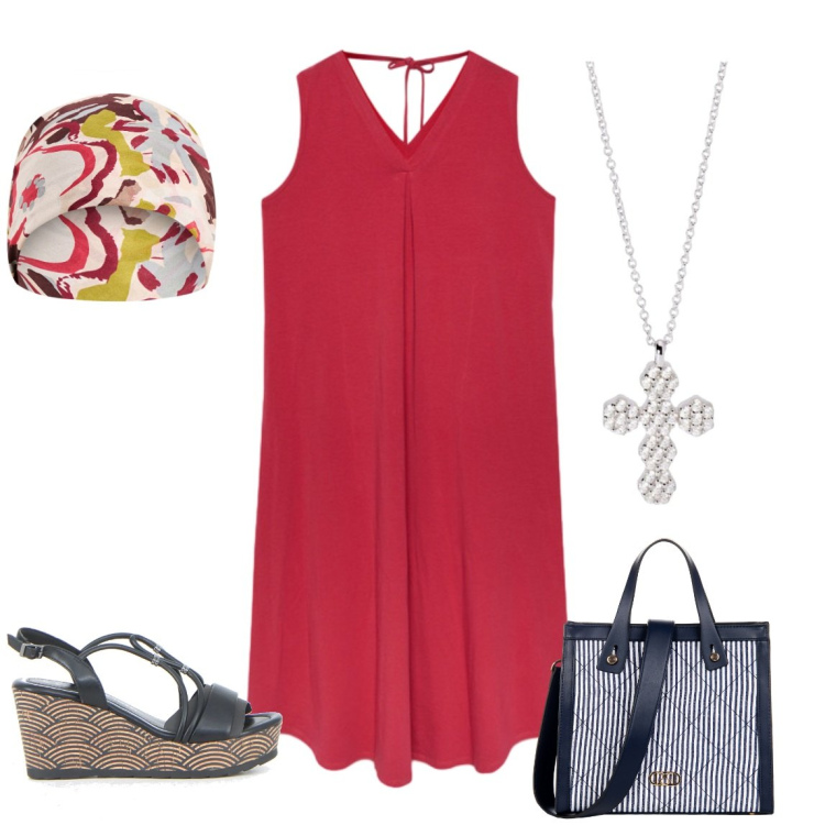 Outfit donna - Le spalle a nudo. Stile Casual chic per Tutti i giorni. Abbinamento con ciondoli, shopping bag, sciarpe, vestiti midi/longuette, sandali in pelle.