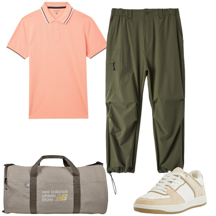 Outfit uomo - Weekend in stile resort. Stile Casual per Tutti i giorni. Abbinamento con pantaloni, polo, sneakers, borse sportive.