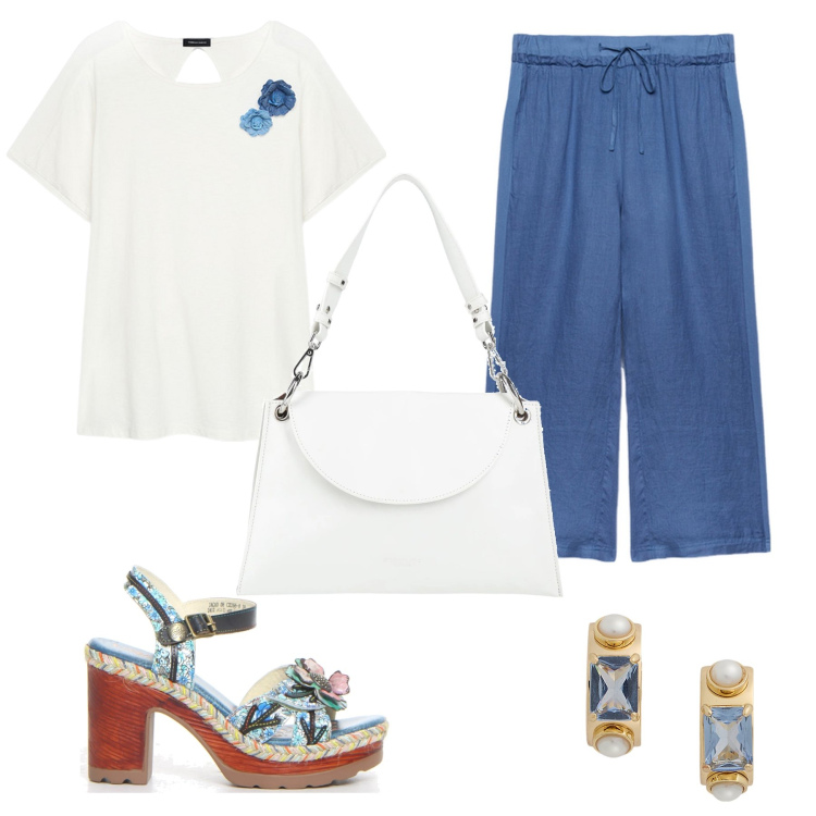 Outfit donna - Total look #2187085. Stile Glamour per Tutti i giorni. Abbinamento con borse a mano, orecchini, t-shirt, pantaloni, sandali col tacco.