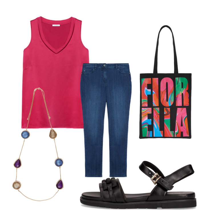 Outfit donna - Total look #2187086. Stile Minimal per Tutti i giorni. Abbinamento con top, jeans skinny, borse tote, sandali, collane.