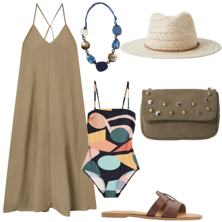 Outfit donna - Passeggiata estiva tra gli outlet. Stile Trendy per Mare. Abbinamento con costumi interi, ciabatte, vestiti lunghi, cappelli, borse a tracolla, collane.