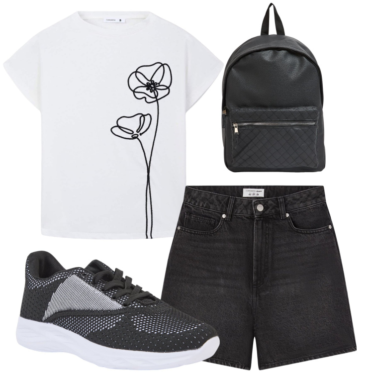 Outfit donna - Bianco e Nero. Stile Minimal per Tutti i giorni. Abbinamento con bermuda, zaini, sneakers, t-shirt.