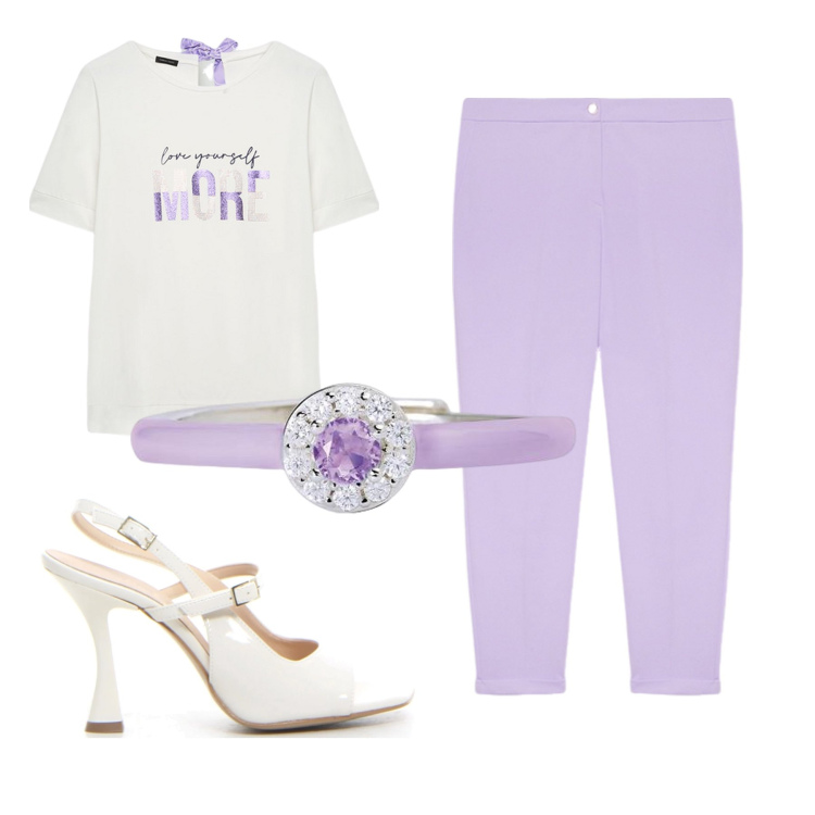 Outfit donna - Total look #2187092. Stile Minimal per Tutti i giorni. Abbinamento con anelli, pantaloni, t-shirt, sandali col tacco.