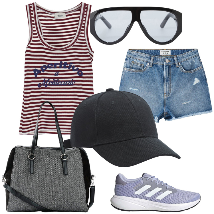 Outfit donna - Gita in battello. Stile Casual chic per Mare. Abbinamento con borse a mano, cappelli, shorts, occhiali da sole, top, sneakers.