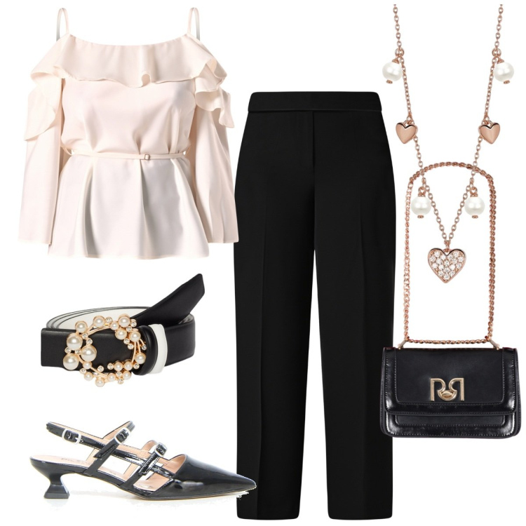 Outfit donna - Sensuale e raffinata. Stile Chic per Cerimonia. Abbinamento con collane, borse a tracolla, bluse, pantaloni a palazzo, cinture, décolleté.