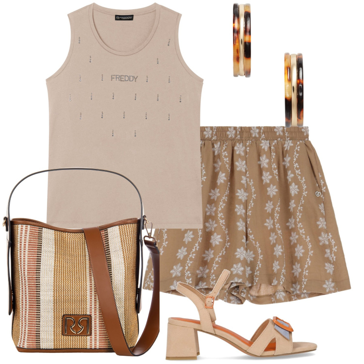 Outfit donna - Cappuccino. Stile Bon Ton per Tutti i giorni. Abbinamento con borse a secchiello, shorts, canottiere, orecchini, sandali col tacco.