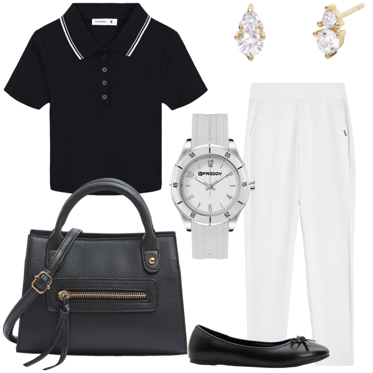 Outfit donna - Quando il basic è ok. Stile Basic per Tutti i giorni. Abbinamento con ballerine, polo, borse a mano, orecchini, pantaloni, orologi.