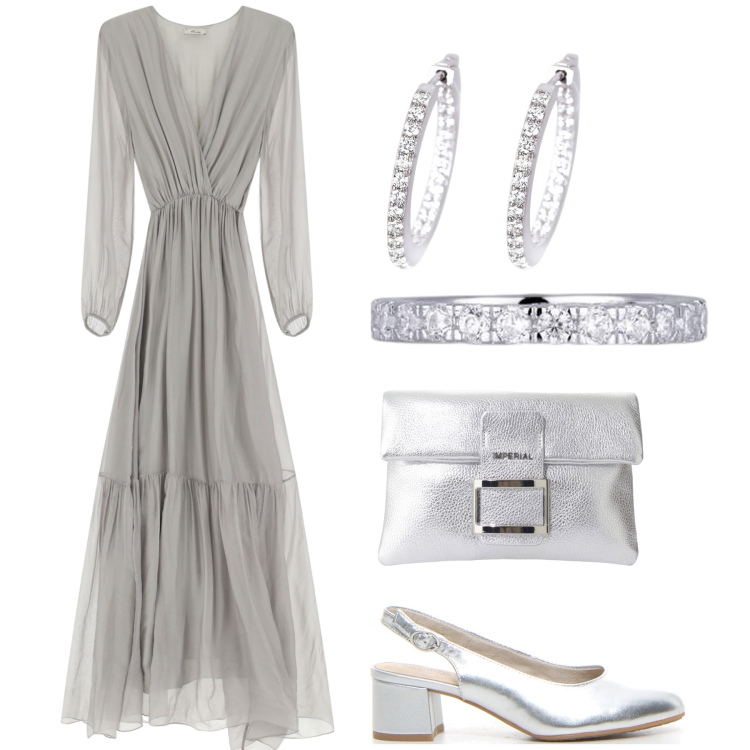 Outfit donna - Bon ton silver. Stile Chic per Cerimonia. Abbinamento con anelli, orecchini, pochette, vestiti lunghi, décolleté.