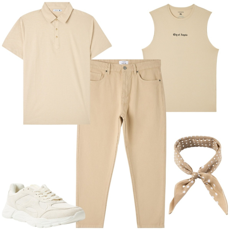Outfit uomo - Look monocratico leggero. Stile Casual per Tutti i giorni. Abbinamento con pantaloni, canottiere, polo, sneakers, sciarpe e foulard.
