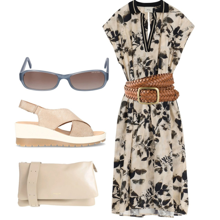Outfit donna - Accessori intrecciati. Stile Bon Ton per Ufficio. Abbinamento con cinture, borse a tracolla, vestiti lunghi, sandali col tacco, occhiali da sole.
