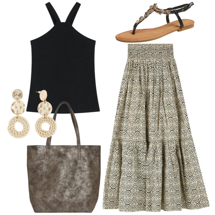 Outfit donna - Maxi gonna. Stile Chic per Serata fuori. Abbinamento con orecchini, shopping bag, gonne lunghe, sandali gioiello, top.