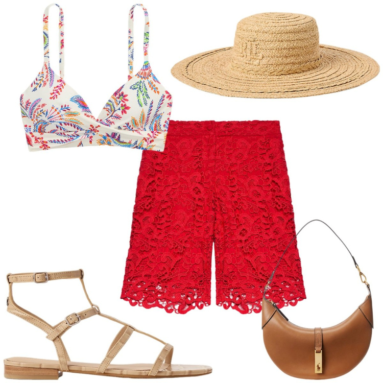 Outfit donna - Colore corallo , gli shorts per il mare. Stile Trendy per Mare. Abbinamento con borse a spalla, cappelli, sandali alla schiava, bikini, pantaloni corti.