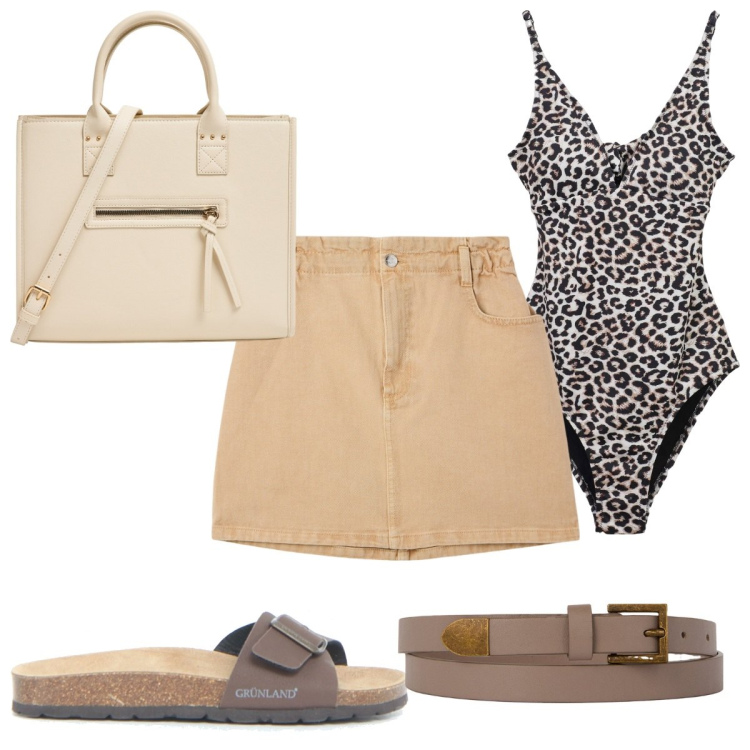 Outfit donna - Vacanze con il costume intero: animalier. Stile Trendy per Mare. Abbinamento con minigonne, costumi interi, shopping bag, cinture, ciabatte.