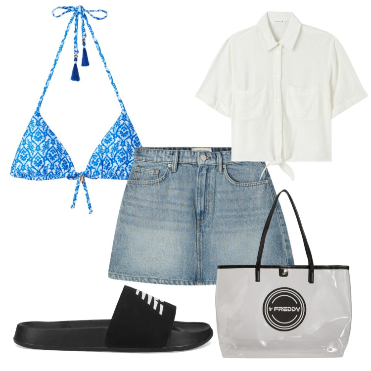 Outfit donna - Primo giorno di mare: in jeans!. Stile Trendy per Mare. Abbinamento con minigonne, camicie a manica corta, bikini, ciabatte, shopping bag.