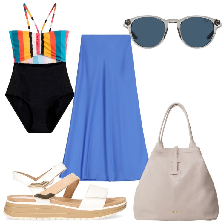 Outfit donna - Primo giorno di mare : trendy. Stile Trendy per Mare. Abbinamento con costumi interi, gonne lunghe, borse tote, occhiali da sole, sandali.