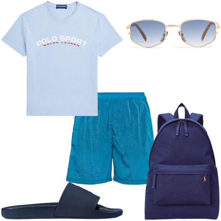 Outfit uomo - Blu mare. Stile Casual per Mare. Abbinamento con borse sportive, t-shirt, sandali, shorts, occhiali da sole.