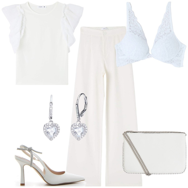 Outfit donna - Bianco curvy power. Stile Casual chic per Cerimonia. Abbinamento con t-shirt, pantaloni, reggiseni, borse a tracolla, orecchini, décolleté.