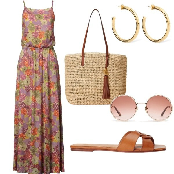 Outfit donna - aranciata. Stile Urban per Tutti i giorni. Abbinamento con vestiti lunghi, ciabatte, borse tote, orecchini, occhiali da sole.