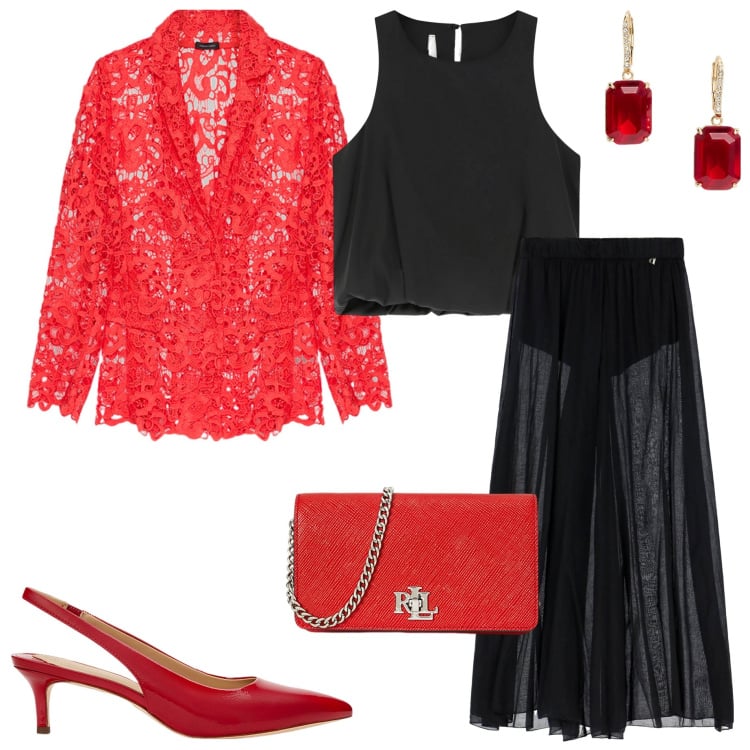 Outfit donna - Colore corallo. Stile Chic per Cerimonia. Abbinamento con top, pantaloni, borse a tracolla, orecchini, décolleté, blazer.