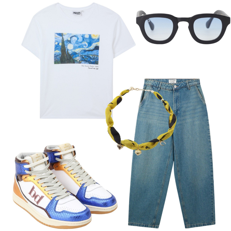 Outfit donna - Vintage a giugno. Stile Vintage retrò per Tutti i giorni. Abbinamento con jeans, t-shirt, occhiali da sole, sneakers alte, foulard.