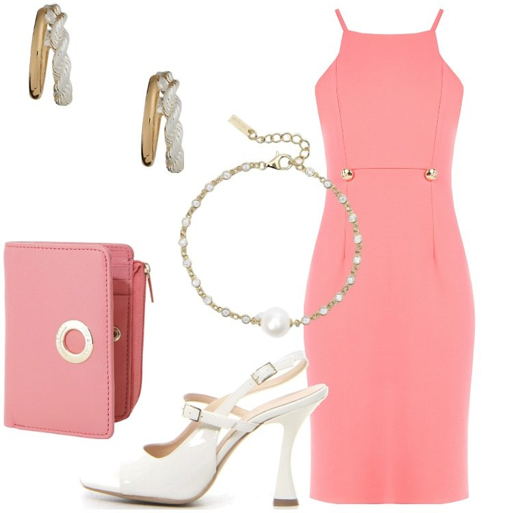 Outfit donna - Colore corallo, energia d’estate. Stile Chic per Serata fuori. Abbinamento con portafogli, braccialetti, vestiti, orecchini, sandali col tacco.