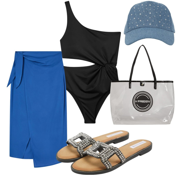 Outfit donna - Spiaggia e poi aperitivo. Stile Basic per Mare. Abbinamento con cappelli, ciabatte, gonne lunghe, costumi interi, shopping bag.