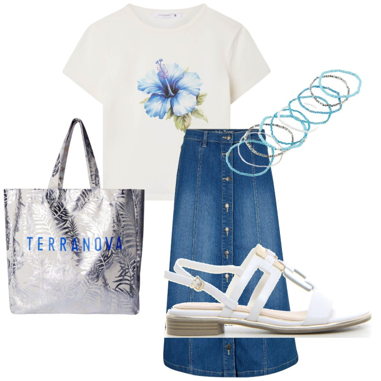 Outfit donna - Gonna jeans. Stile Casual per Tutti i giorni. Abbinamento con gonne longuette, braccialetti, borse tote, t-shirt, sandali.