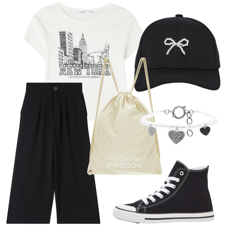 Outfit donna - Bianco e nero. Stile Casual per Tutti i giorni. Abbinamento con sneakers alte, pantaloni a palazzo, t-shirt, cappelli con visiera, zaini, braccialetti.