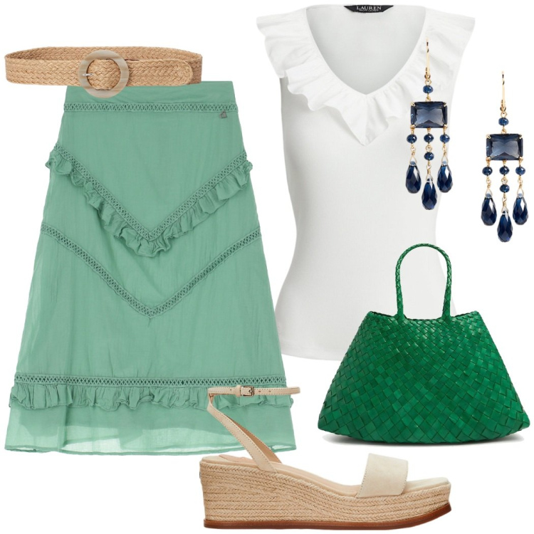 Outfit donna - Bianco, verde e corda da giorno. Stile Casual chic per Tutti i giorni. Abbinamento con gonne longuette, top, cinture, orecchini, espadrillas, borse a spalla.