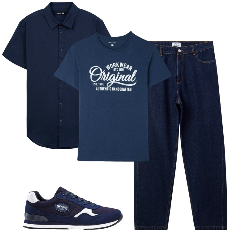 Outfit uomo - Total blu. Stile Casual per Tutti i giorni. Abbinamento con sneakers, t-shirt, jeans, camicie a manica corta.
