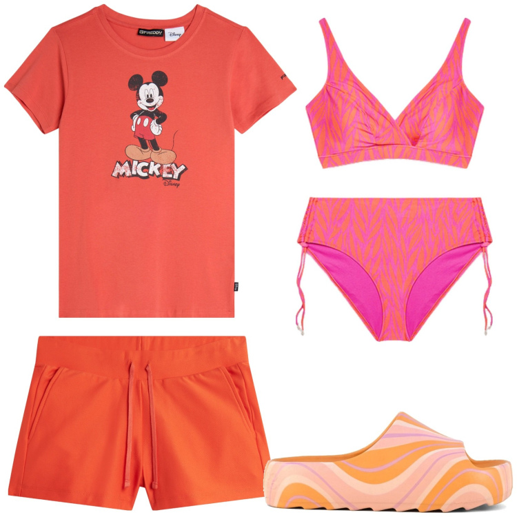 Outfit donna - Corallo energia estiva. Stile Basic per Mare. Abbinamento con shorts, t-shirt, bikini, ciabatte.