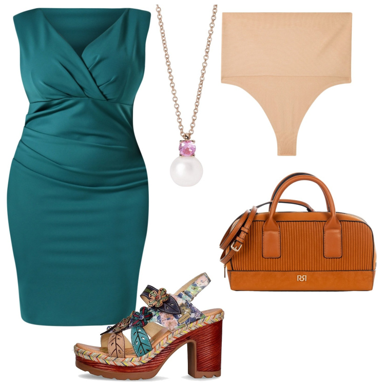 Outfit donna - Sensuale e raffinata. Stile Chic per Serata fuori. Abbinamento con perizomi, borse a mano, vestiti a tubino, collane, sandali col tacco.