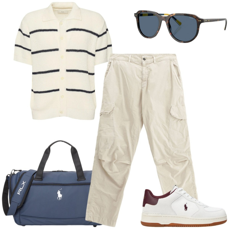 Outfit uomo - Weekend in stile resort. Stile Trendy per Tutti i giorni. Abbinamento con pantaloni cargo, sneakers, occhiali da sole, borse sportive, polo.