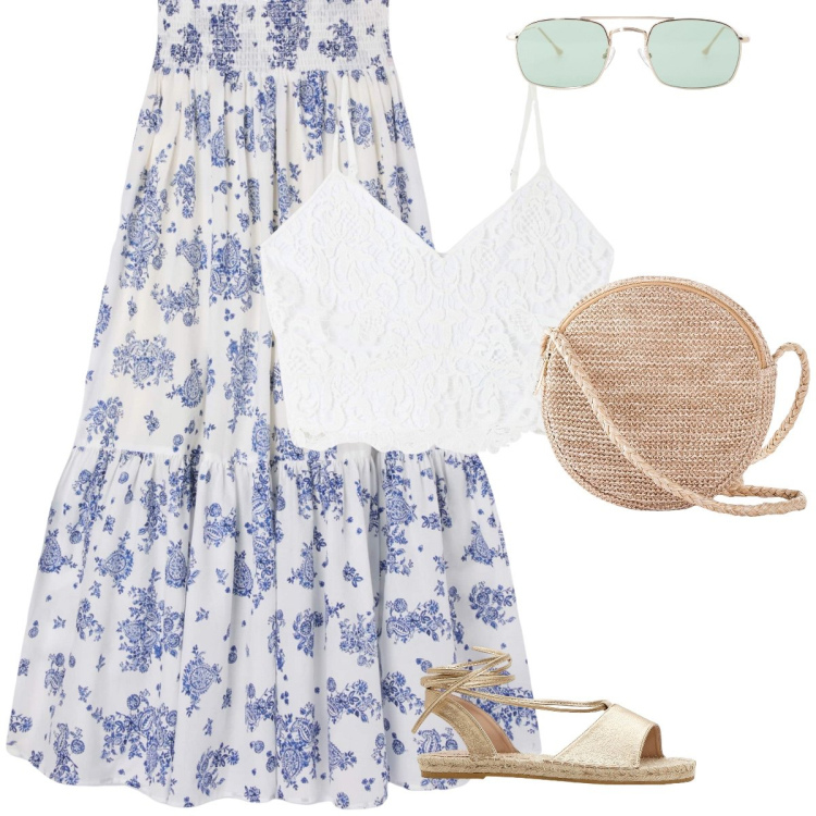 Outfit donna - Provence. Stile Romantica per Tutti i giorni. Abbinamento con borse a tracolla, sandali, top, gonne lunghe, occhiali da sole.