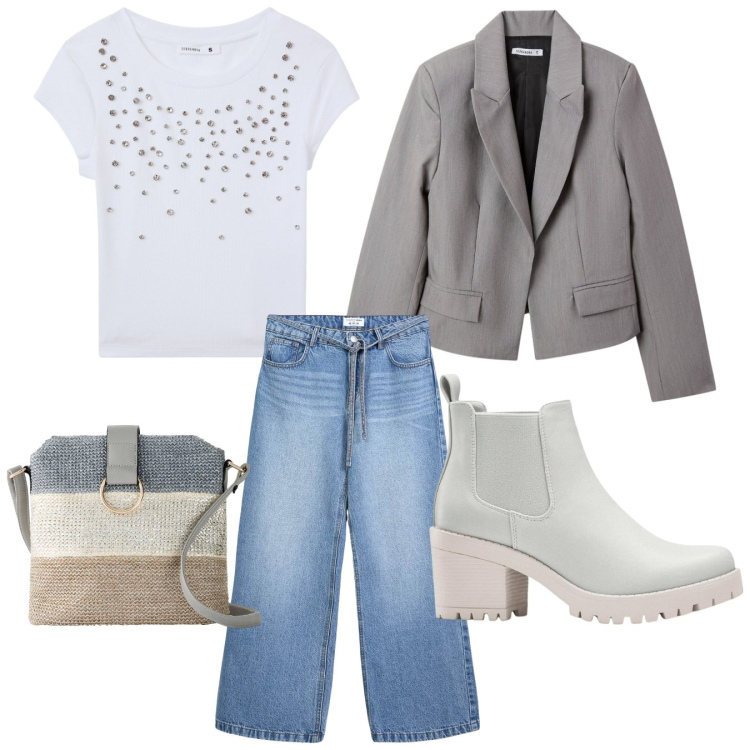Outfit donna - Giacca e jeans. Stile Casual per Scuola/Università. Abbinamento con stivaletti chelsea, borse a tracolla, blazer, jeans, t-shirt.