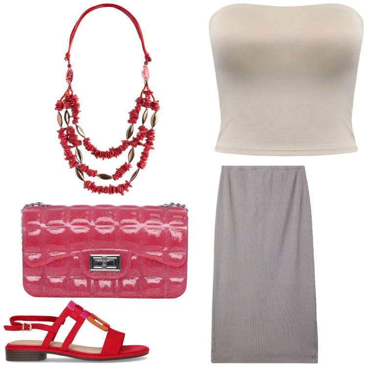 Outfit donna - Rosso e grigio. Stile Chic per Serata fuori. Abbinamento con gonne longuette, borse a tracolla, top, collane, sandali.