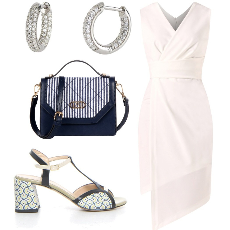 Outfit donna - L\'eleganza del bianco. Stile Chic per Cerimonia. Abbinamento con borse a mano, vestiti a tubino, orecchini, sandali col tacco.