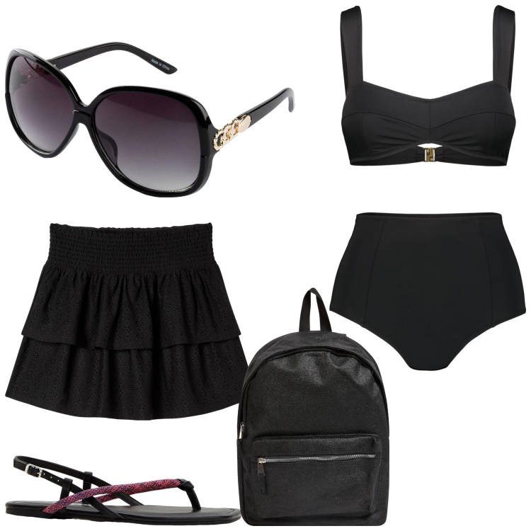 Outfit donna - Nero beach. Stile Casual per Mare. Abbinamento con occhiali da sole, ciabatte, minigonne, zaini, bikini.