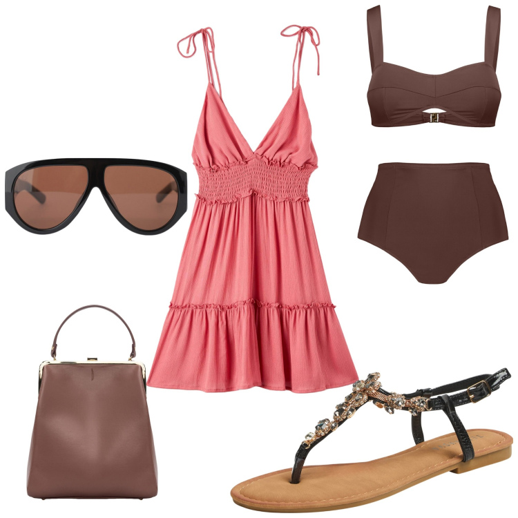 Outfit donna - Onde. Stile Casual per Mare. Abbinamento con vestiti corti, sandali gioiello, occhiali da sole, bikini, borse a spalla.