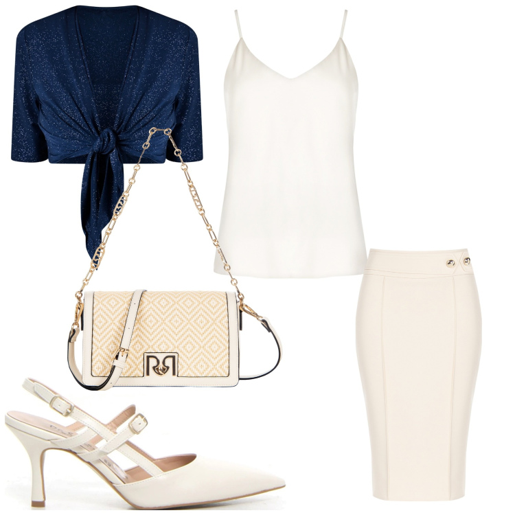 Outfit donna - Chic. Stile Chic per Serata fuori. Abbinamento con top, bolero, gonne longuette, borse a tracolla, décolleté.