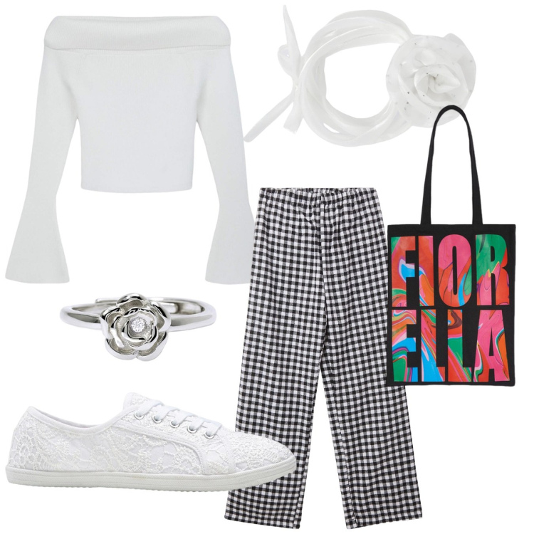 Outfit donna - Bianco e nero. Stile Casual per Tutti i giorni. Abbinamento con sneakers, maglieria, collane, pantaloni, anelli, borse tote.