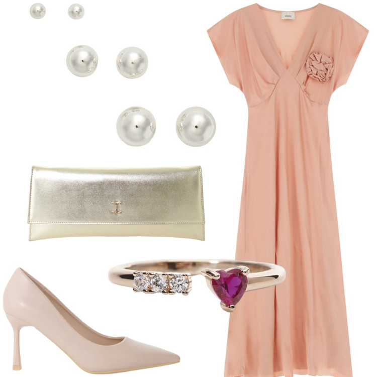 Outfit donna - Cerimonia elegante. Stile Romantica per Cerimonia. Abbinamento con anelli, décolleté, pochette, vestiti, orecchini.