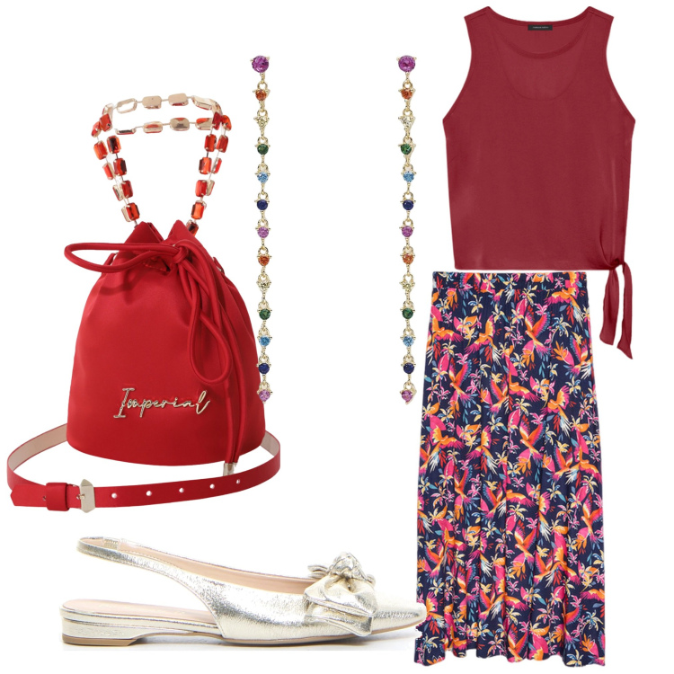 Outfit donna - Rosso vintage. Stile Boho per Tutti i giorni. Abbinamento con orecchini, borse a secchiello, gonne lunghe, sandali in pelle, top.