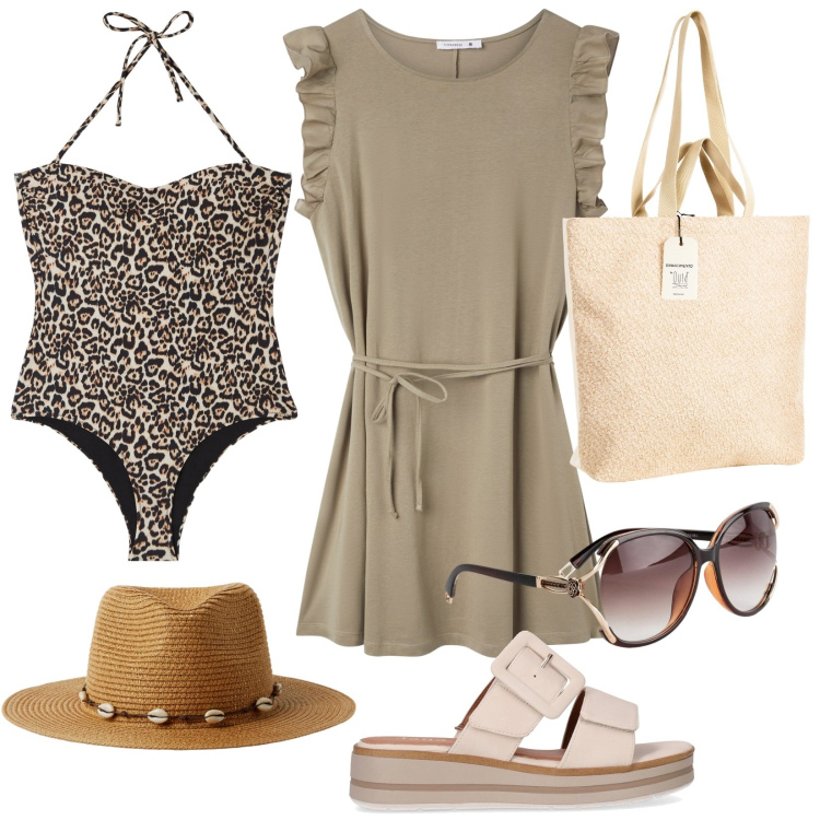Outfit donna - Il costume maculato. Stile Casual chic per Mare. Abbinamento con occhiali da sole, vestiti, costumi interi, cappelli, borse tote, ciabatte.